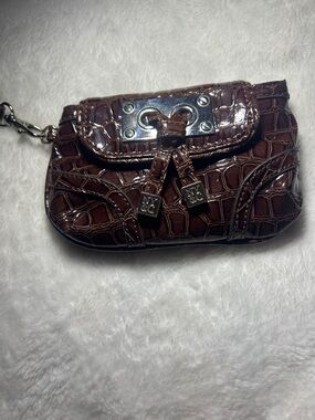 New York & Company Croc-Embossed Dark Brown Wristlet Clutch with Silver Hardware